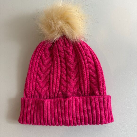 J Crew Women's Pink Cable Knit Pom Pom Beanie Winter Hat One Size BU653 - Picture 2 of 9